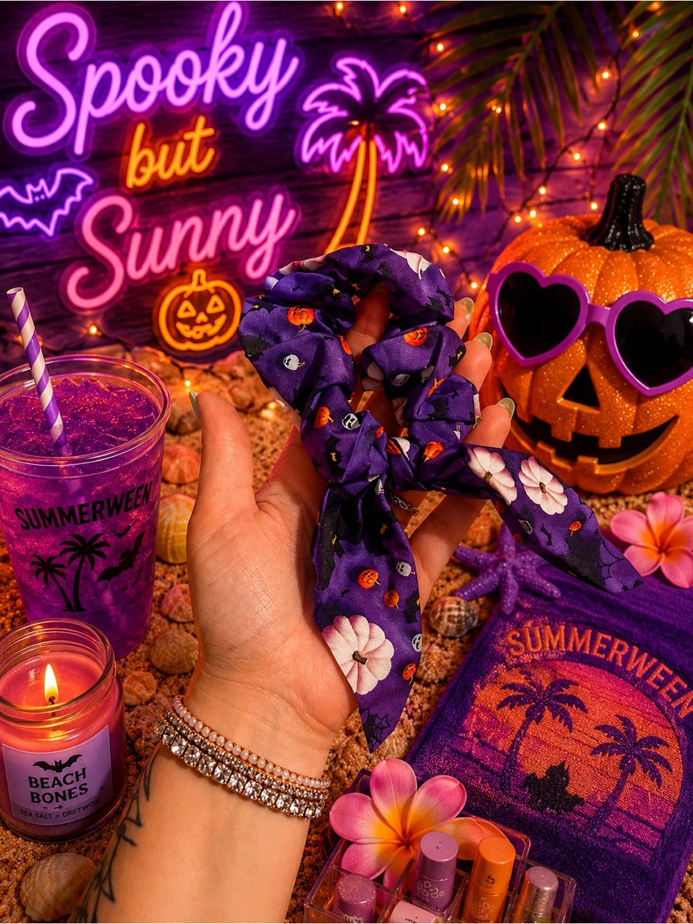 Summerween Purple Floral Halloween Scrunchie Bow